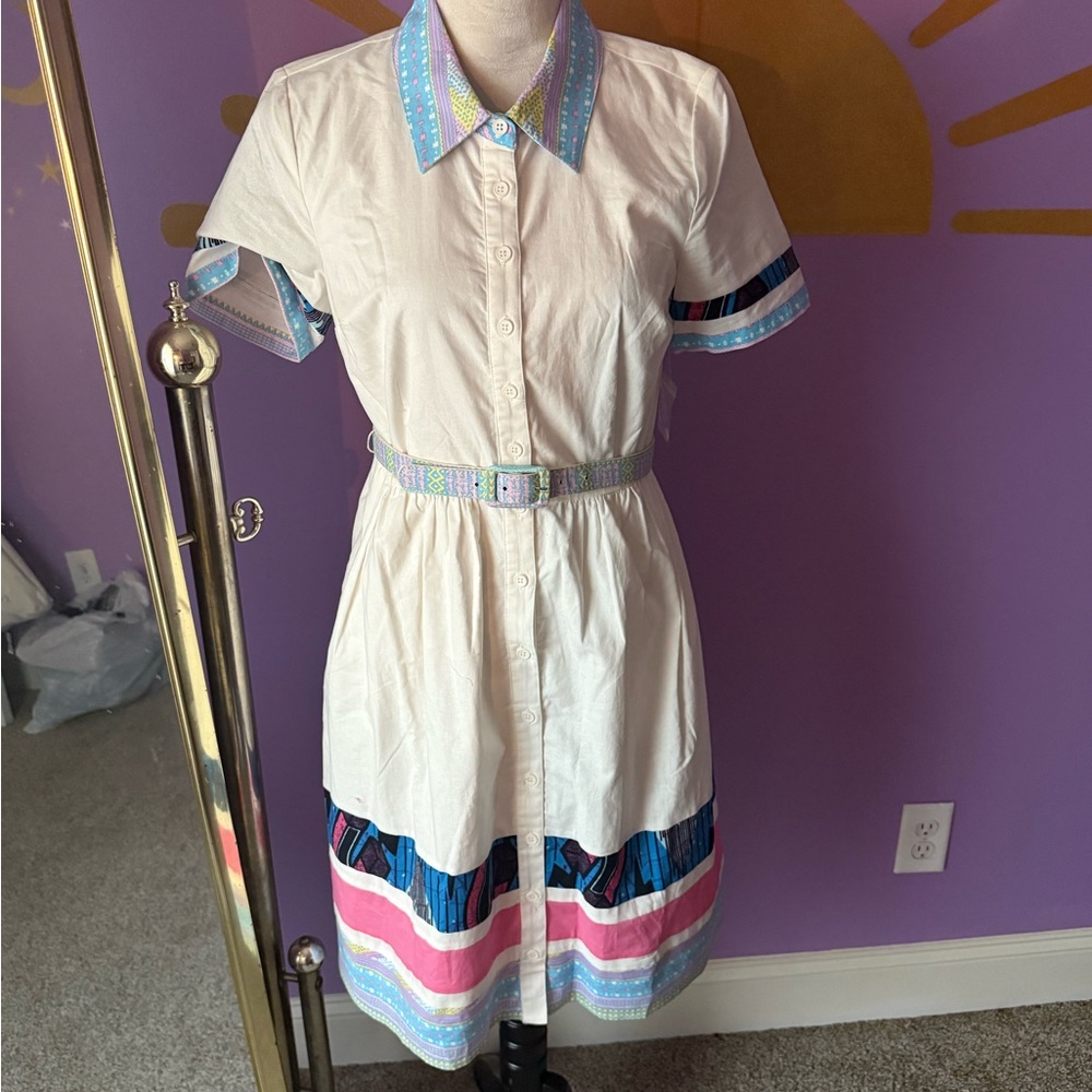 Modcloth Cream and Blue A-Line Shirt Dress